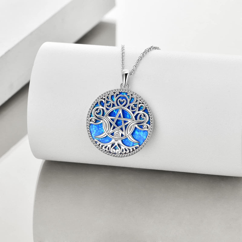 YFN Triple Moon Goddess Necklace Sterling Silver Pentagram Pentacle Opal Pendant necklace Pagan Wiccan Magic Amulet Tree of Life Jewelry for Women Men 18" (Blue-Opal Necklace)