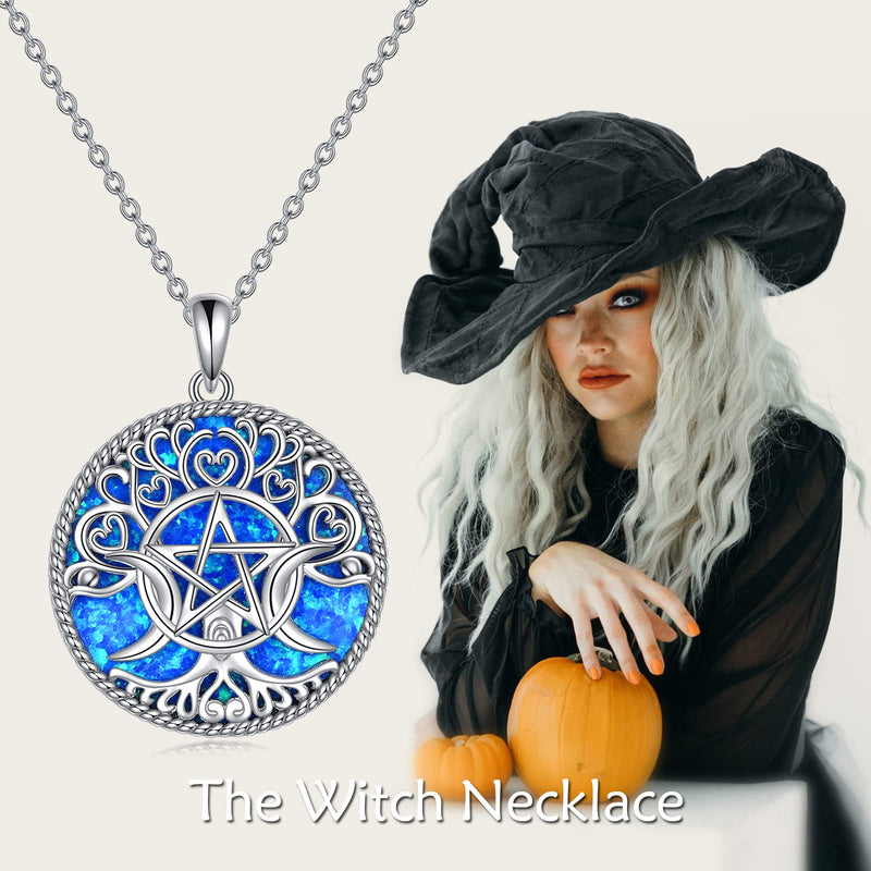 YFN Triple Moon Goddess Necklace Sterling Silver Pentagram Pentacle Opal Pendant necklace Pagan Wiccan Magic Amulet Tree of Life Jewelry for Women Men 18" (Blue-Opal Necklace)