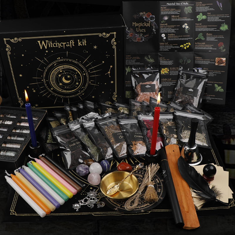 Witchcraft Supplies Kit 132 PCS, Wiccan Supplies and Tools, Including Witchcraft Herbs, Spell Candles, Crystals for Witchcraft, Witch Starter Kit for Spiritual Healing Altar Decor, Christmas Gift