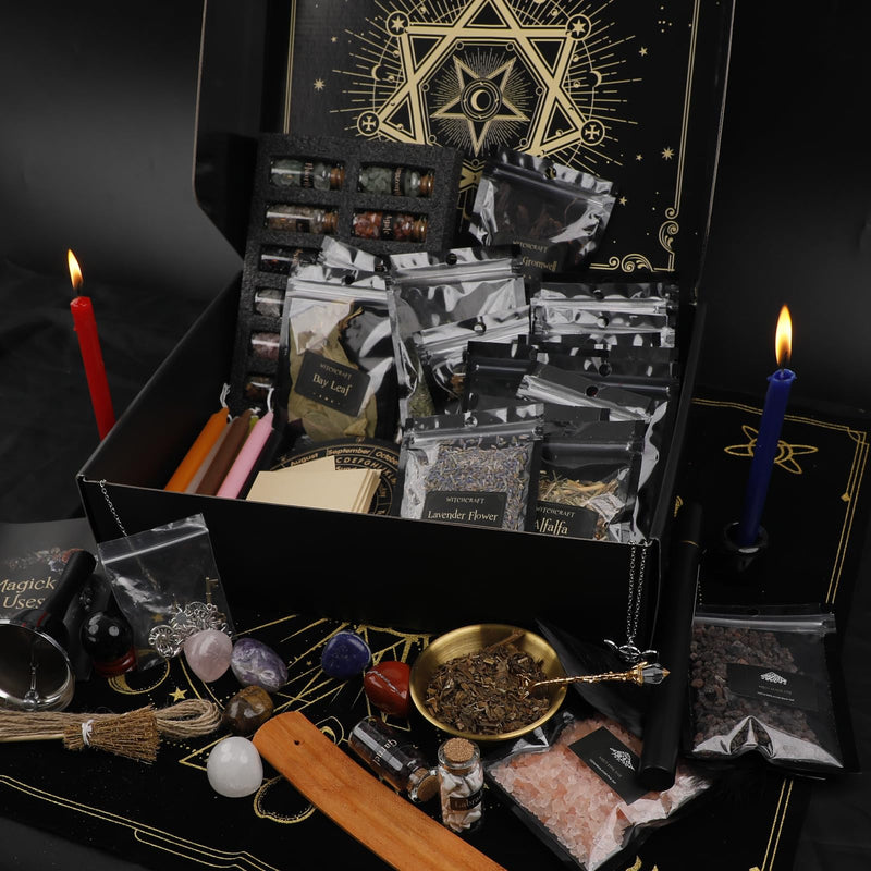 Witchcraft Supplies Kit 132 PCS, Wiccan Supplies and Tools, Including Witchcraft Herbs, Spell Candles, Crystals for Witchcraft, Witch Starter Kit for Spiritual Healing Altar Decor, Christmas Gift