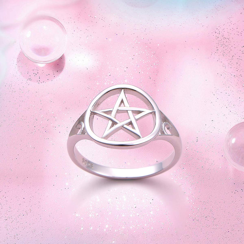 S925 Sterling Silver Pentagram Amulet Pentacle Star Moon Witch Ring for Women Men