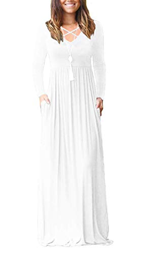 LILBETTER Women Long Sleeve Loose Plain Maxi Dresses Casual Long Dresses with Pockets (White,XX-Large)