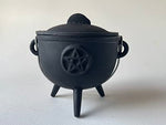Pentagram Pentacle Cast Iron Cauldron with Lid and Handle, Witches Cauldron, Great for Use with Charcoal Incense, Smudge Sage (Medium 4.25 Inches)