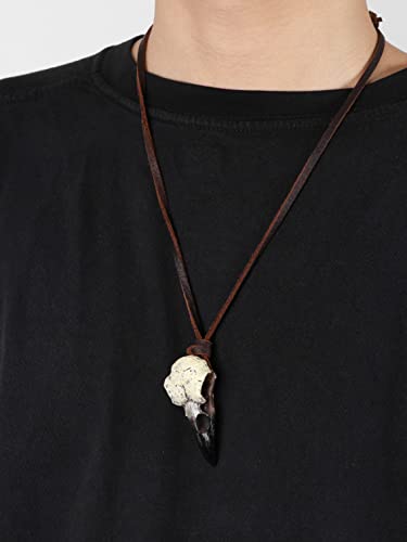 HAQUIL Raven Skull Necklace, Viking Gothic Witchy Bone Resin Raven Bird Skull Replica Pendant, Adjustable Leather Cord, Gothic Jewelry Gift