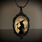 YWMAN Witch and Raven Cameo Necklace - Vintage Gothic Crow Glass Pendent Choker - Mystic Witch Jewelry Gift Accessories