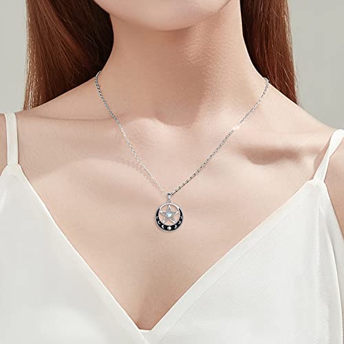 URONE Moon Phase Necklace Sterling Silver Crescent Moon Phase Pentagram Moonstone Pendant Wiccan Jewelry Gifts for Women