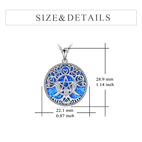 YFN Triple Moon Goddess Necklace Sterling Silver Pentagram Pentacle Opal Pendant necklace Pagan Wiccan Magic Amulet Tree of Life Jewelry for Women Men 18" (Blue-Opal Necklace)
