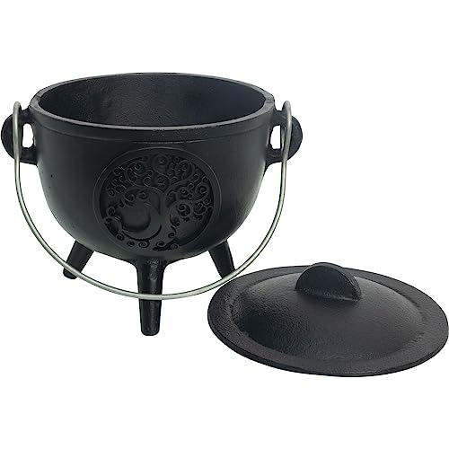 Mini Cauldron Cast Iron Tree of Life with Lid - Witchcraft Altar Supplies, Wicca Herbs Incense Burner, Suitable for Larger Potions