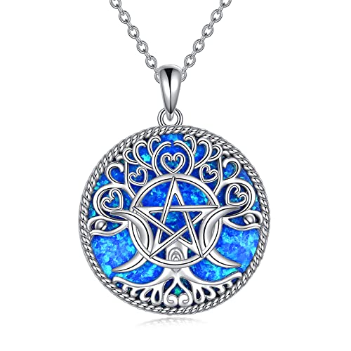 YFN Triple Moon Goddess Necklace Sterling Silver Pentagram Pentacle Opal Pendant necklace Pagan Wiccan Magic Amulet Tree of Life Jewelry for Women Men 18" (Blue-Opal Necklace)