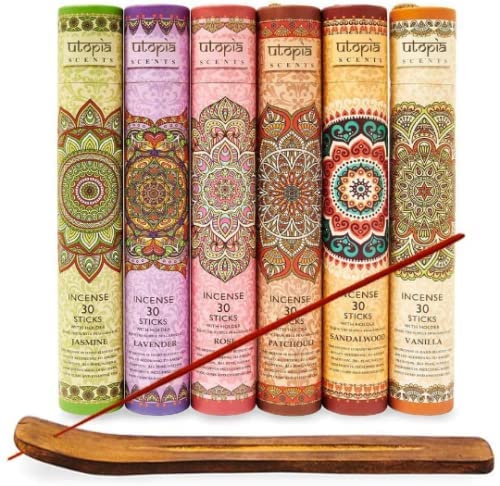 Premium Incense Sticks, Lavender, Sandalwood, Jasmine, Patchouli, Nag Champa, Vanilla, Variety Gift Pack 180 Sticks, Includes a Holder in Each Box