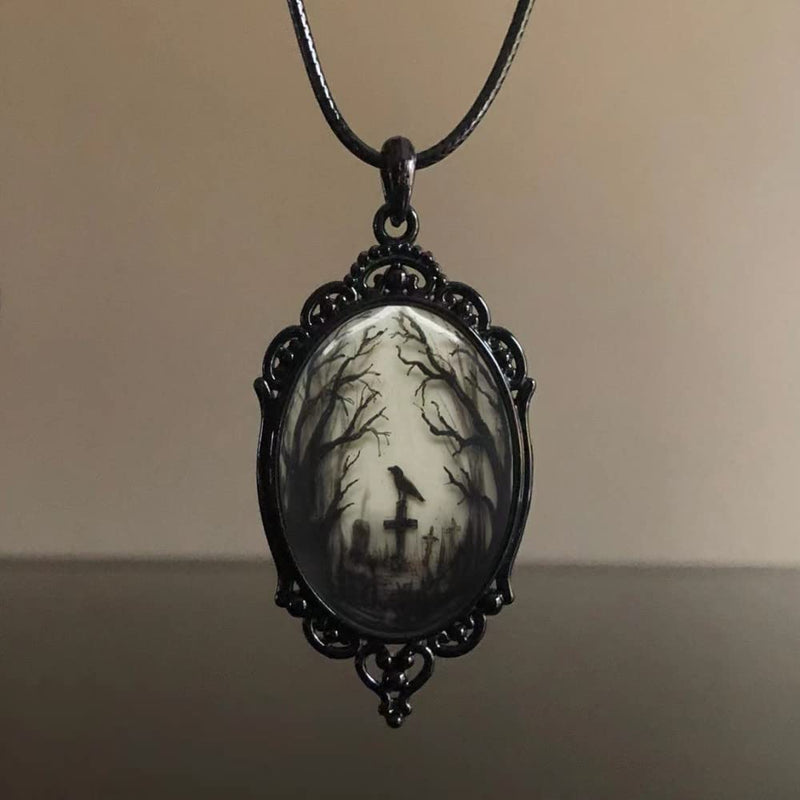YWMAN Raven Cross Glass Pendant Necklace - Vintage Gothic Rope Chain Crow Choker - Mystic Witch Jewelry Gift Accessories