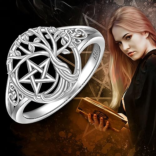 Pentacle Pentagram Ring Sterling Silver Tree of Life Ring for Women Family Tree Wiccan Star Witch Rings Jewelry Gifts Size 9
