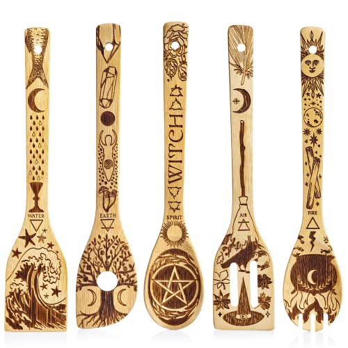 Witchy Halloween Utensils Laser Engraved 5 Elements Bamboo Large Cooking Utensils Set Cottagecore Kitchen Witch Gift Romantic Mother's Day Gifts