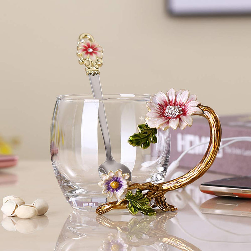 JY-Danbady Enamel Sunflower Crystal Lead-Free Glass Tea Cup with Spoon Set, Present for The Christmas, Valentine's Day.Best Present for Mother, Grandma, Girlfriend, Sister.