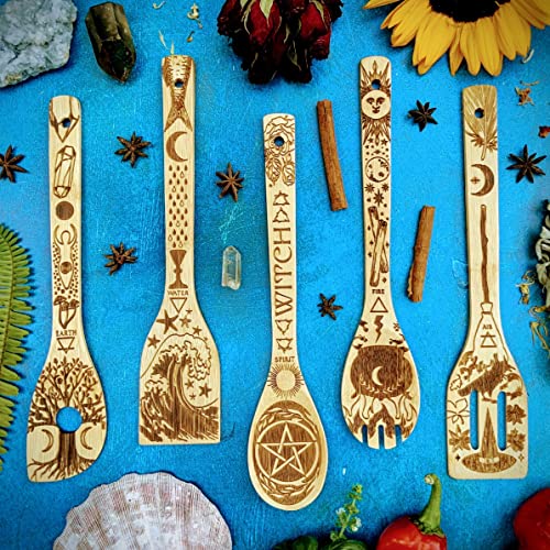 Witchy Halloween Utensils Laser Engraved 5 Elements Bamboo Large Cooking Utensils Set Cottagecore Kitchen Witch Gift Romantic Mother's Day Gifts