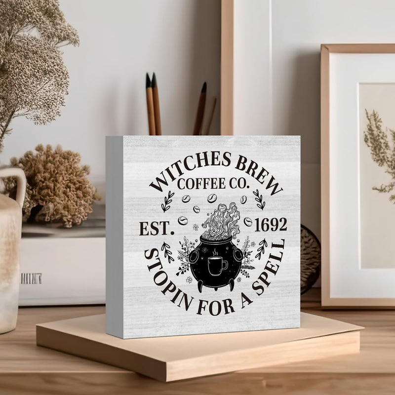 Rustic Home Office Desk Decor Coffee Bar Table Decor Accessories Wood Box Sign halloween Shelf Cubicle Decor Coffee Lover Gifts Witches Brew Coffee 5 X 5 Inch