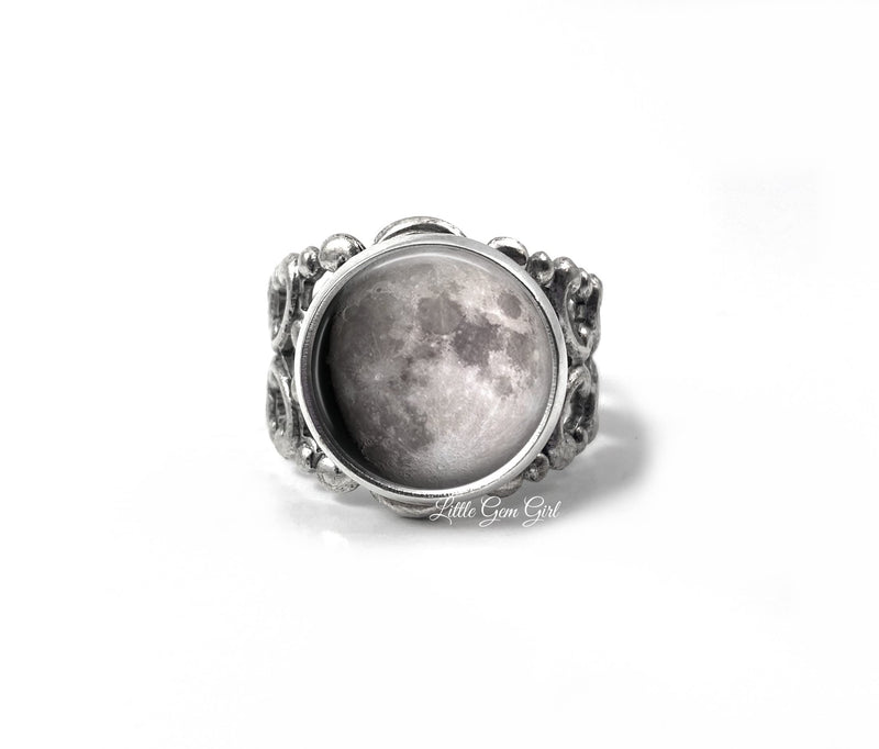 Your Custom Birth Moon Ring - Personalized Moon Ring - Lunar Phases Birthday Moon Ring with Your Date in Antique Bronze or Silver Adjustable Setting