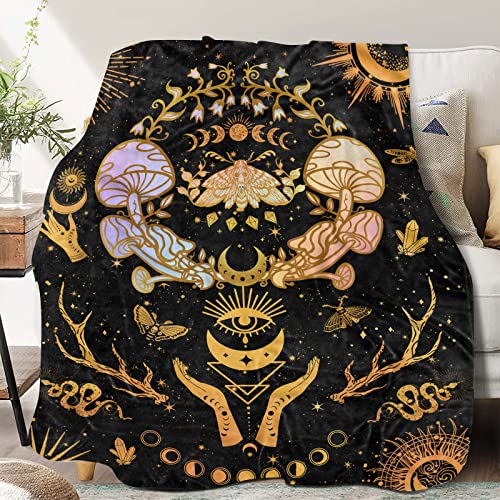 Mushroom Decor, Moth Moon Blanket Witch Gifts for Women Zodiac Witchy Hippie Fleece Blanket Gothic Gifts Sun Moon Throws Blanket 60"x 50"
