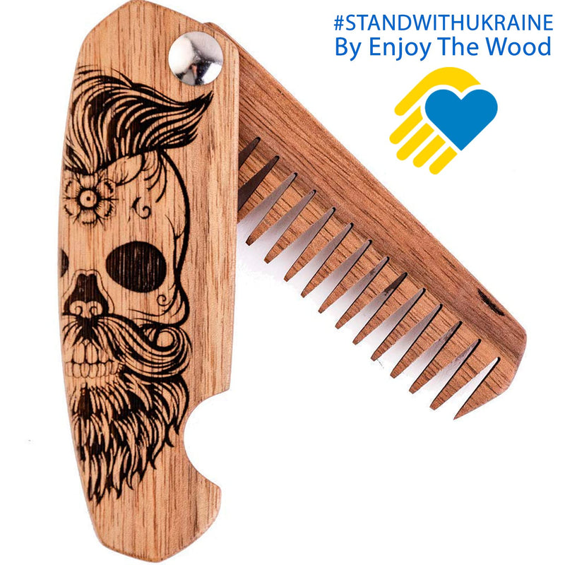 Wooden Beard Comb for Men Folding Pocket Comb for Moustache Beard & Hair Walnut Combs with the Engraving (Half Skull)