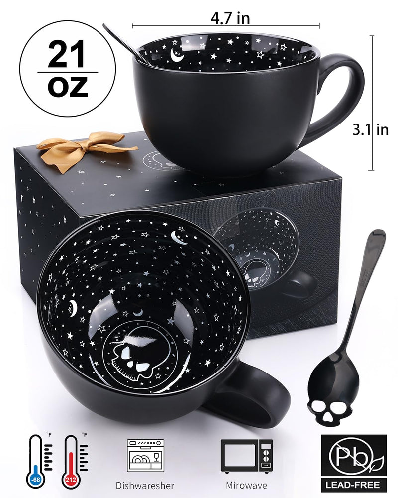 Taruzil Midnight Skull Coffee Mugs with Spoons, Halloween Christmas Birthday White Elephant Gifts for Adult Women Men Friends, Spooky Witchy Stuff Gag Fun Gifts Gothis Decor Cool Novelty Tea Cups
