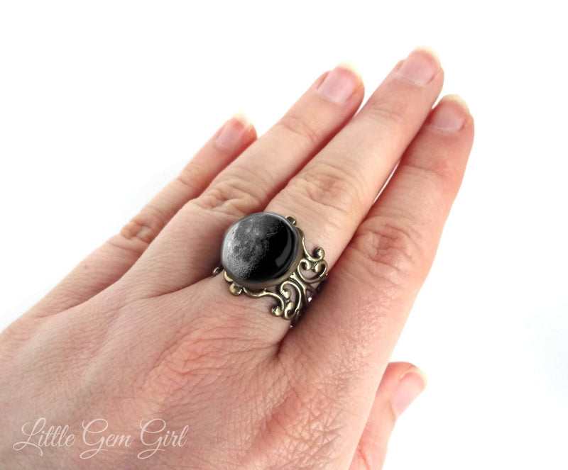 Your Custom Birth Moon Ring - Personalized Moon Ring - Lunar Phases Birthday Moon Ring with Your Date in Antique Bronze or Silver Adjustable Setting