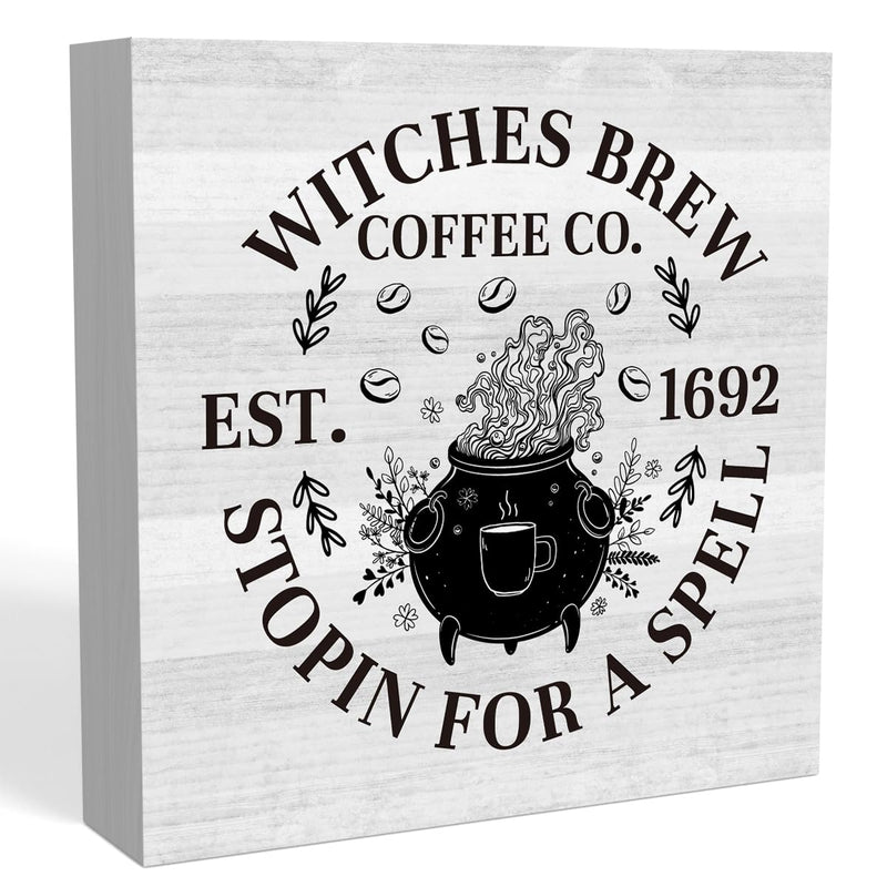 Rustic Home Office Desk Decor Coffee Bar Table Decor Accessories Wood Box Sign halloween Shelf Cubicle Decor Coffee Lover Gifts Witches Brew Coffee 5 X 5 Inch