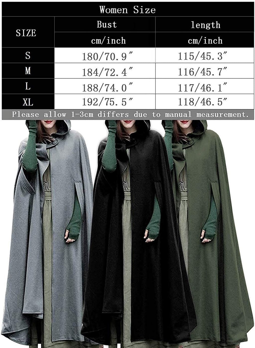 futurino Women Gothic Hooded Open Front Poncho Cape Coat Outwear Jacket Cloak Black M