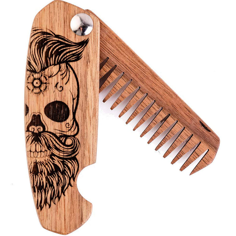 Wooden Beard Comb for Men Folding Pocket Comb for Moustache Beard & Hair Walnut Combs with the Engraving (Half Skull)