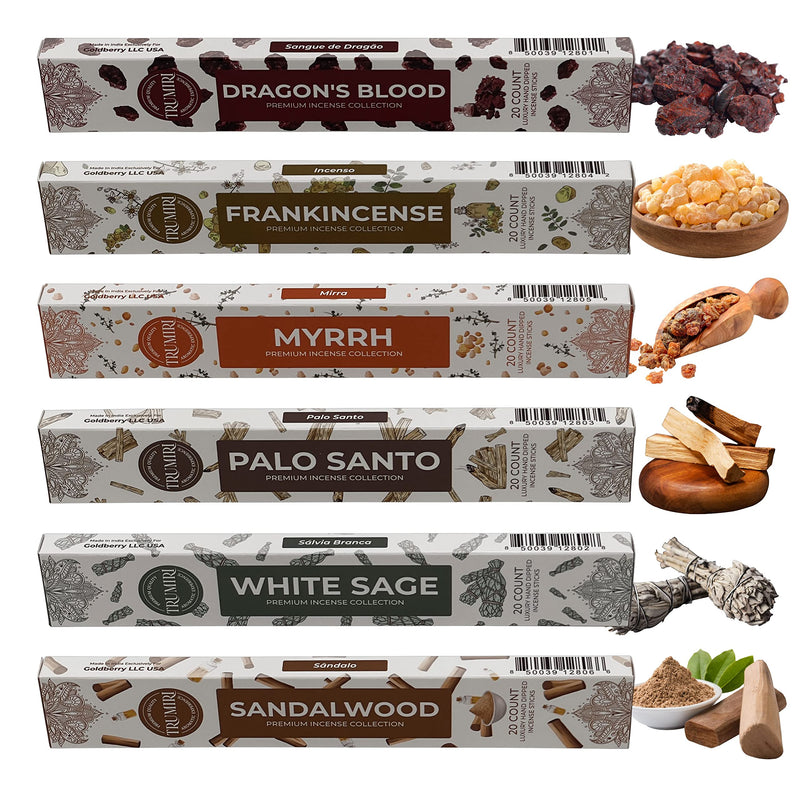 Woody Incense Sticks Variety Pack - 120 Insence-Sticks (6 Incents x 20 Insenses) - White Sage, Palo Santo, Dragons Blood, Sandalwood - Natural Incense Set Inciensos with Stick Incense Holder