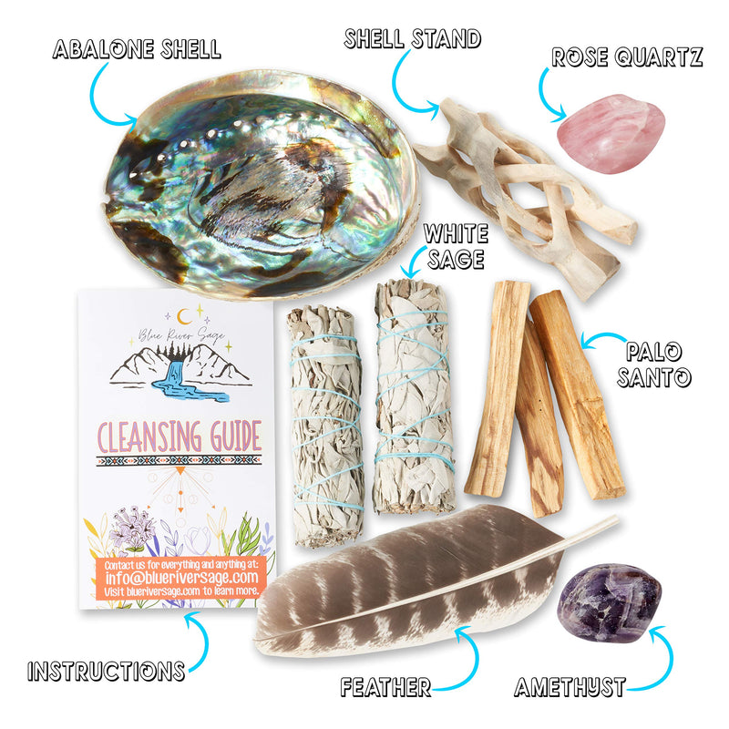 Home Cleansing & Smudging Kit with White Sage, Palo Santo, Abalone & Stand, Smudge Feather & Guide - Smudge Kit with Sage Smudge Sticks